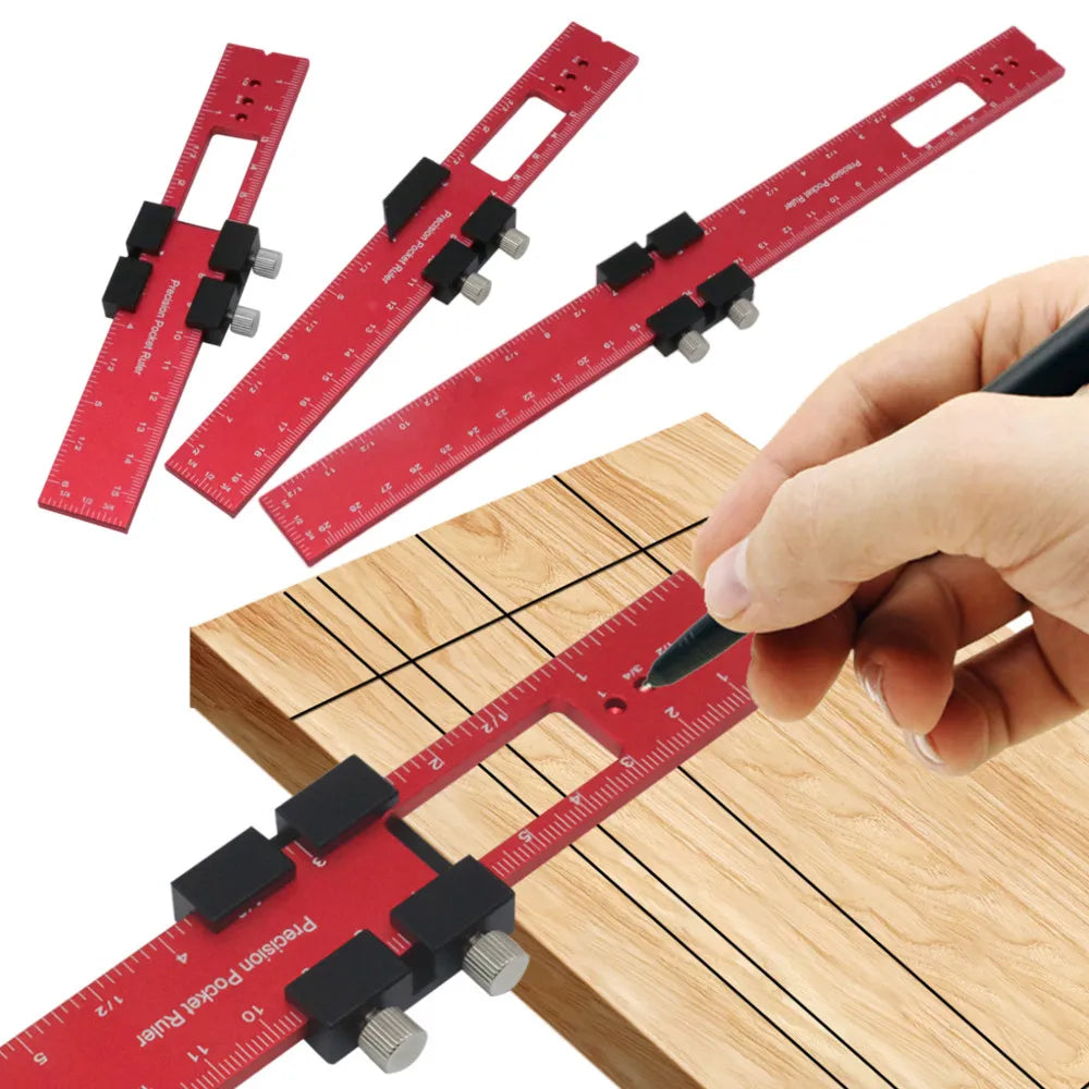 Rotes Präzisionslineal mit Anschlägen auf einem Holzbrett